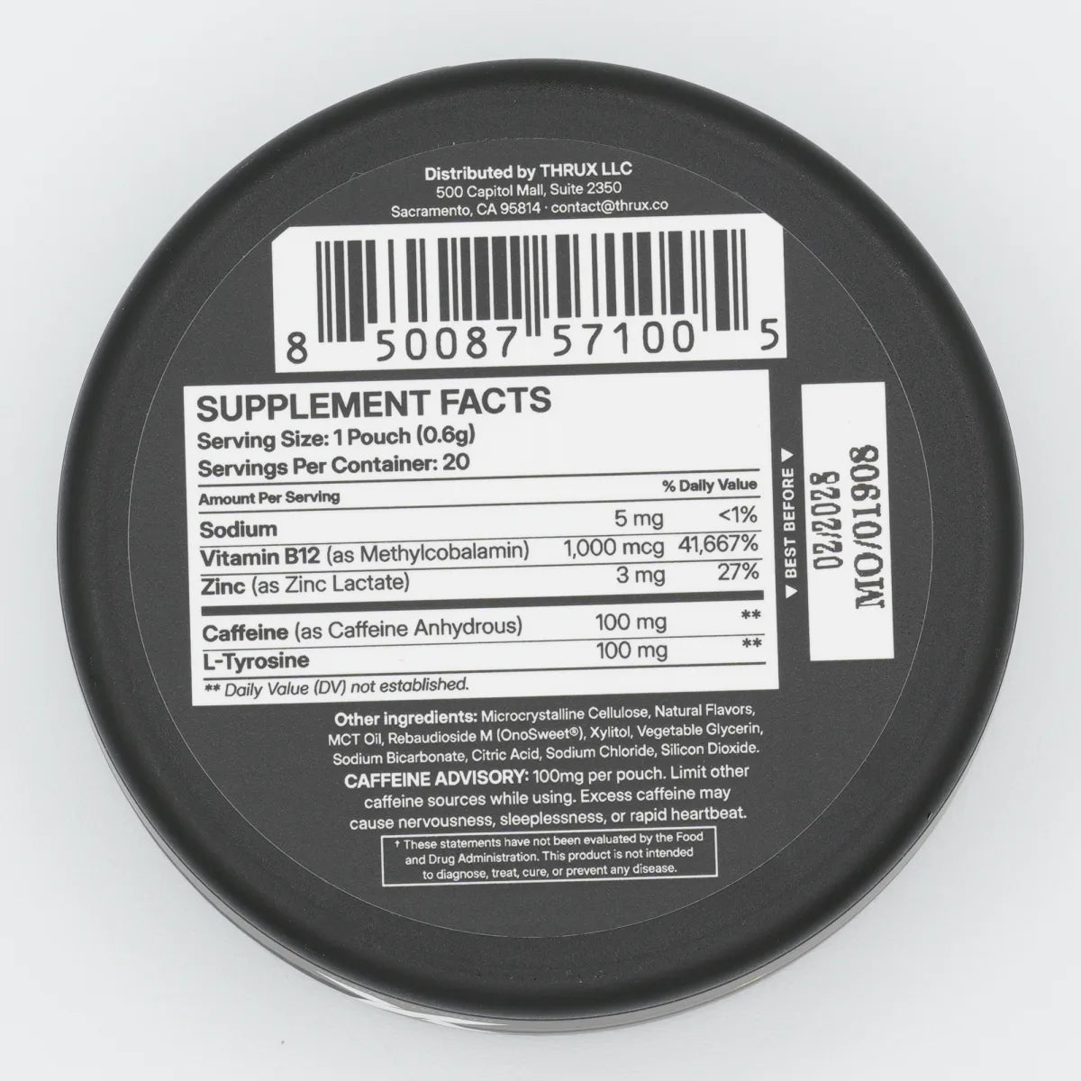 THRUX supplement facts panel, photographed from the can