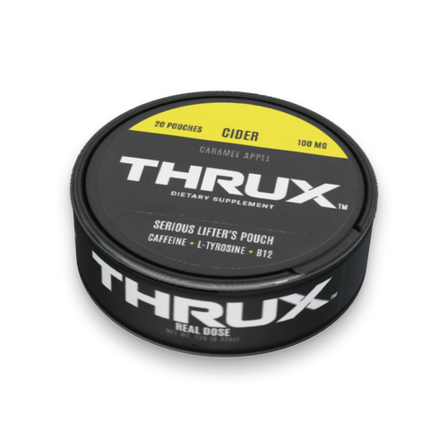 THRUX Cider caramel apple caffeine pouch can with a yellow label, shown at an angle.
