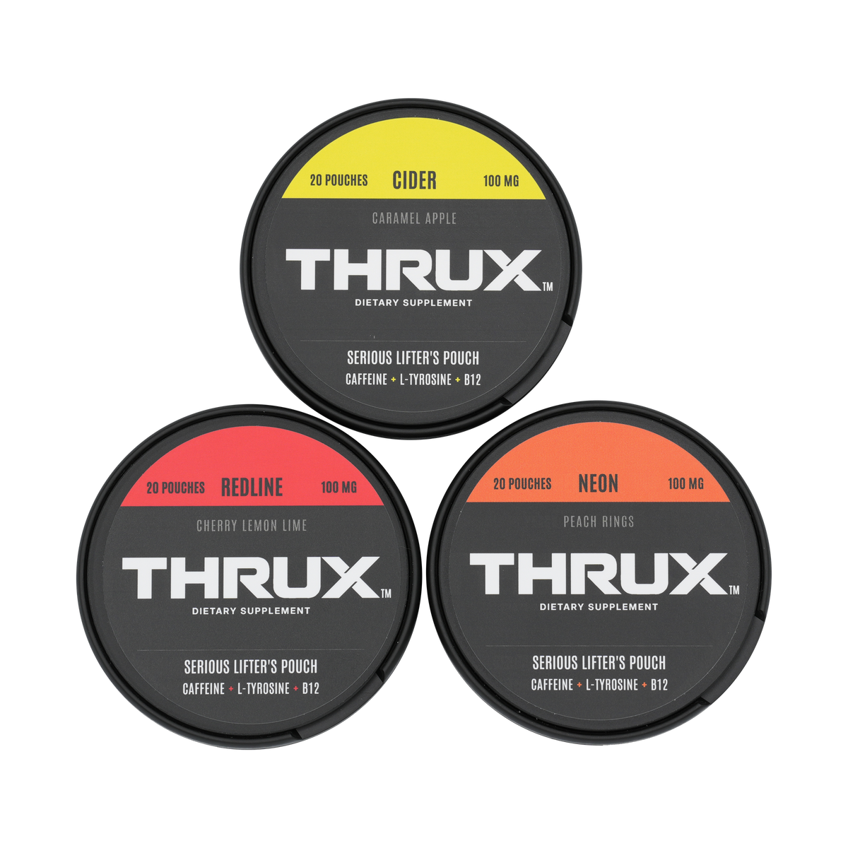 Three THRUX caffeine pouch cans: yellow Cider above red Redline and orange Neon, with all three lids visible.