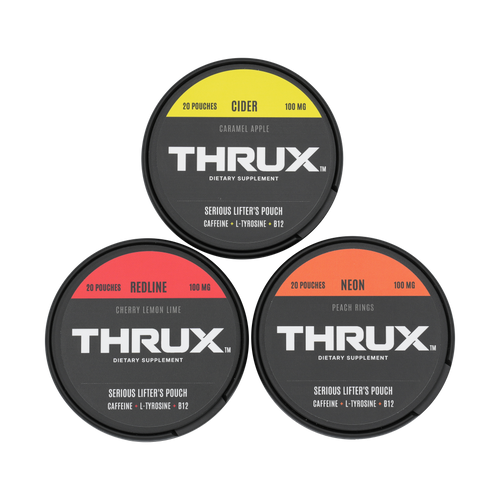 Three THRUX caffeine pouch cans: yellow Cider above red Redline and orange Neon, with all three lids visible.