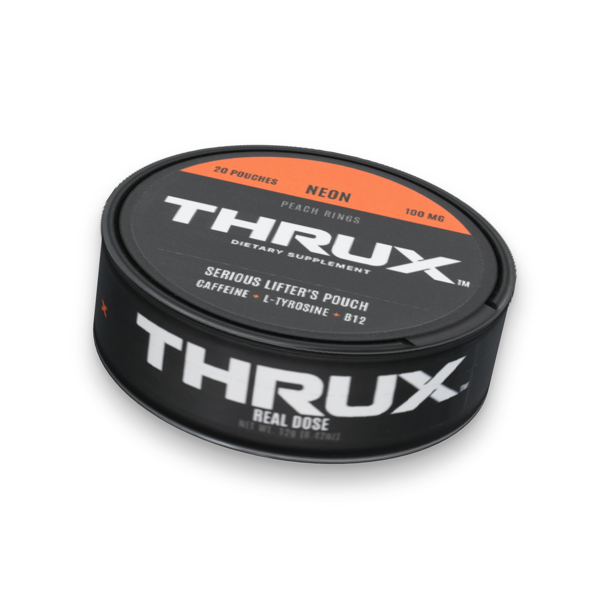 THRUX Neon peach rings caffeine pouch can with an orange label, shown at an angle.