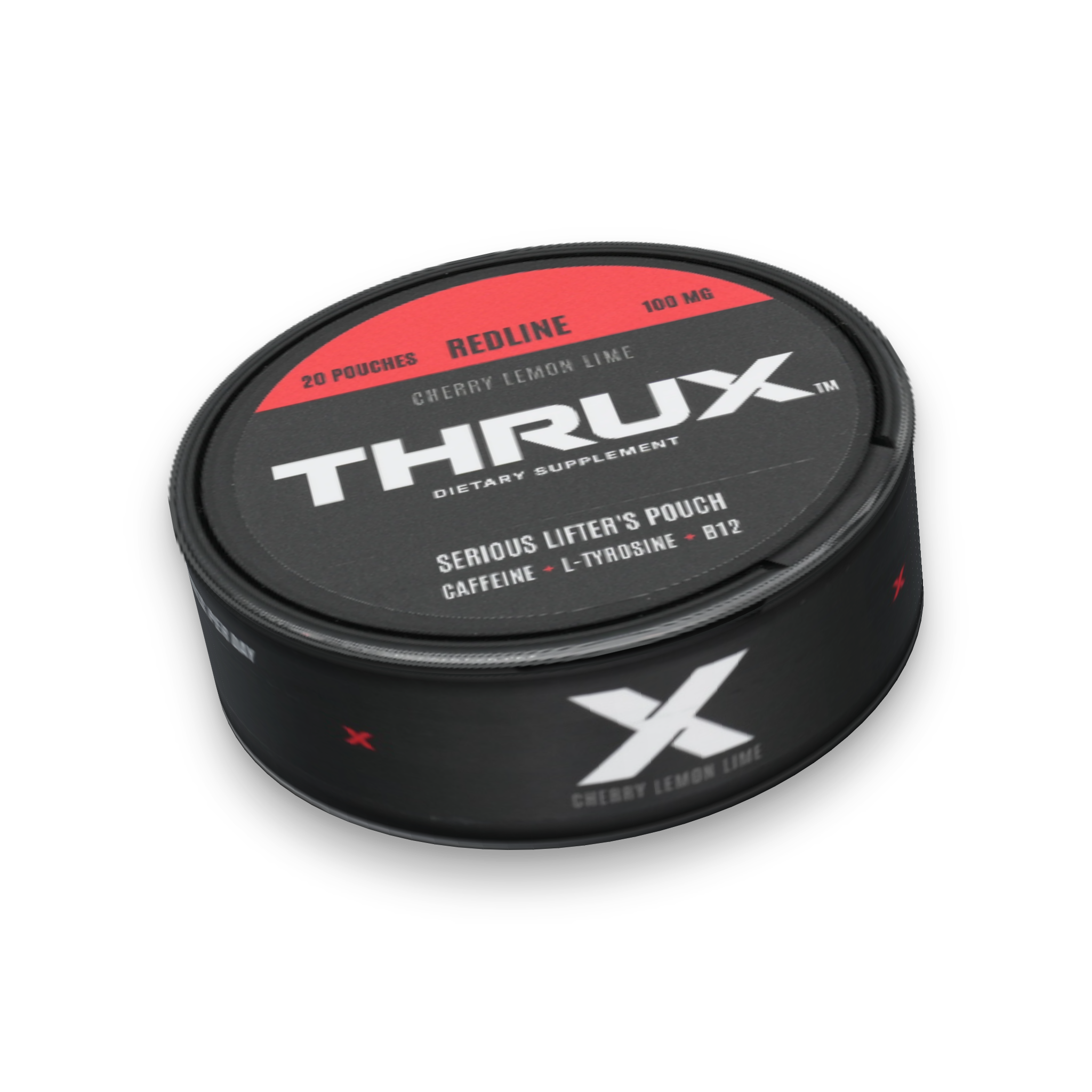 THRUX Redline cherry lemon lime caffeine pouch can with a red label and X side mark, shown at an angle.