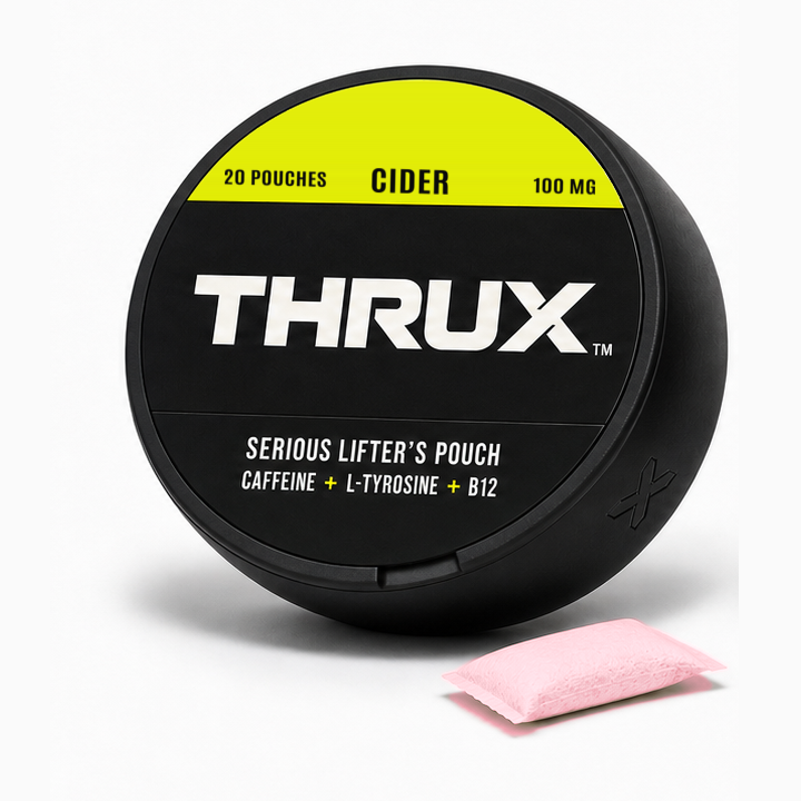 THRUX CIDER pre-workout pouch can, caramel apple flavor, matte black tall can with Voltage Yellow band