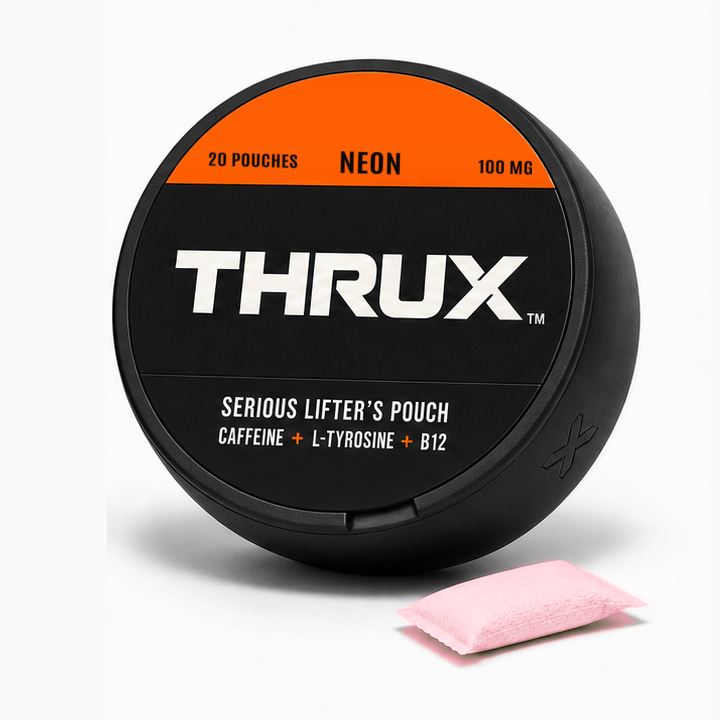 THRUX NEON pre-workout pouch can, matte black tall can with THRUX Orange band