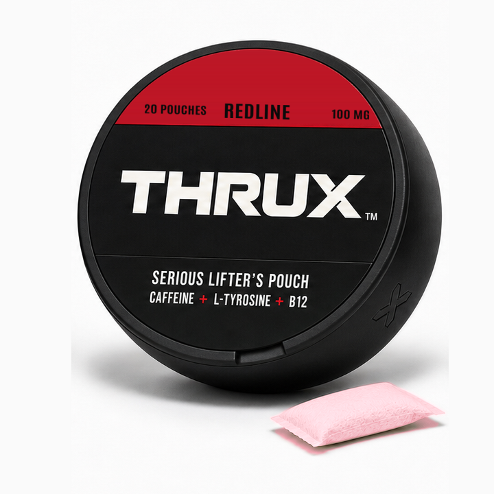 THRUX REDLINE pre-workout pouch can, cherry lemon lime flavor, matte black tall can with THRUX Red band