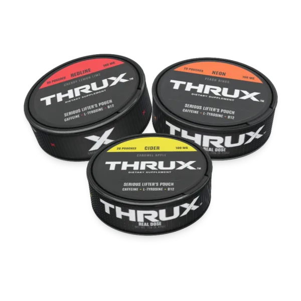 Three THRUX cans: Cider, Redline, Neon